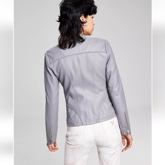 EUC GUESS Women's Faux-Leather Moto Grey Jacket Size Small - Picture 3 of 11